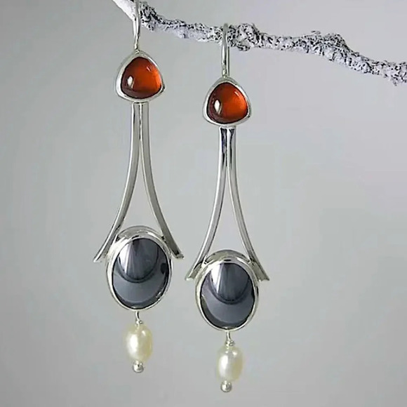 Silver Vintage Handmade Boho Geometric Stone Dangle Earrings - Picture 3 of 6